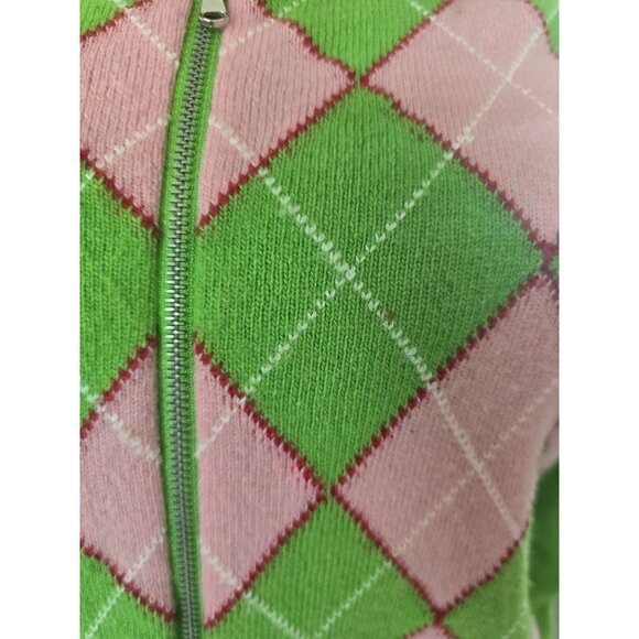 Vintage y2k Argyle Sweater Green Pink Wool Made In Italy Preppy Juniors Large - Picture 7 of 9